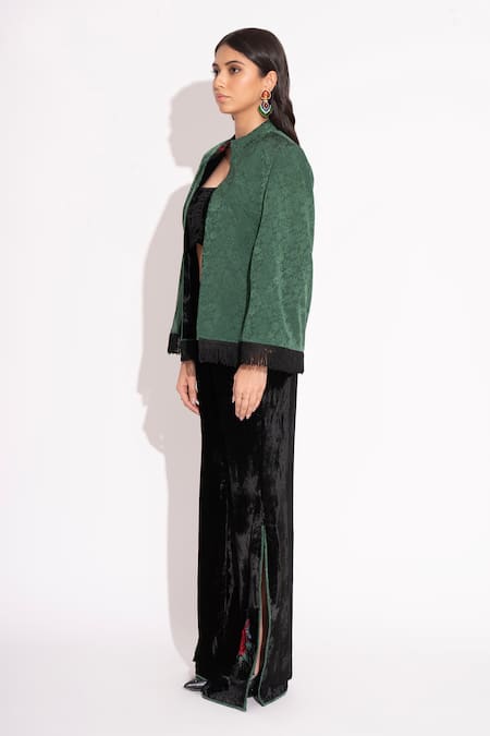 Shop House Of Inari Black Silk Velvet Embroidery Midnight Rose Mandarin Collar Jacket Shop_House Of Inari_Black Silk Velvet Embroidery Midnight Rose Mandarin Collar Jacket