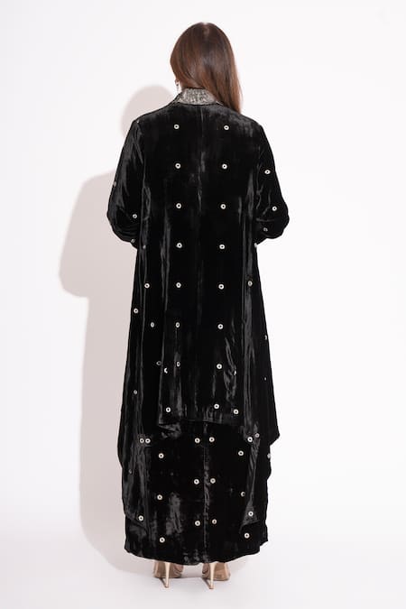 Shop House Of Inari Black Silk Velvet Embroidery Gul Open Neck Long Asymmetric Jacket at Aza Fashions Shop_House Of Inari_Black Silk Velvet Embroidery Gul Open Neck Long Asymmetric Jacket _at_Aza_Fashions
