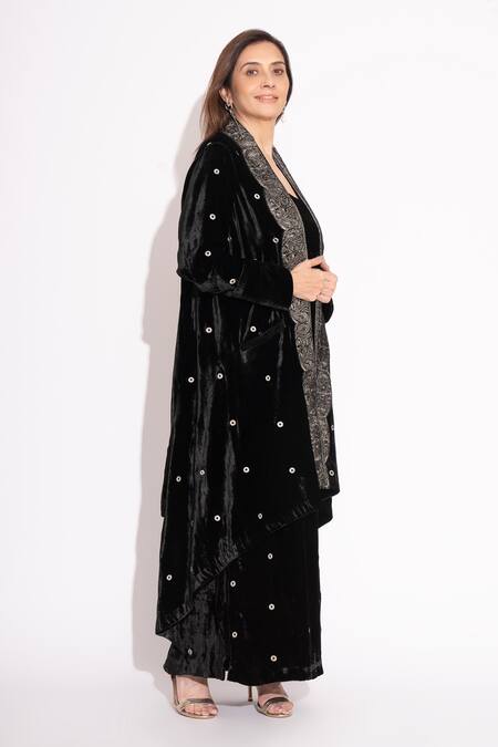 House Of Inari Black Silk Velvet Embroidery Gul Open Neck Long Asymmetric Jacket Online at Aza Fashions House Of Inari_Black Silk Velvet Embroidery Gul Open Neck Long Asymmetric Jacket _Online_at_Aza_Fashions