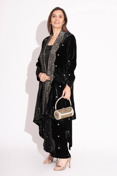 House Of Inari Black Silk Velvet Embroidery Gul Open Neck Long Asymmetric Jacket at Aza Fashions House Of Inari_Black Silk Velvet Embroidery Gul Open Neck Long Asymmetric Jacket _at_Aza_Fashions