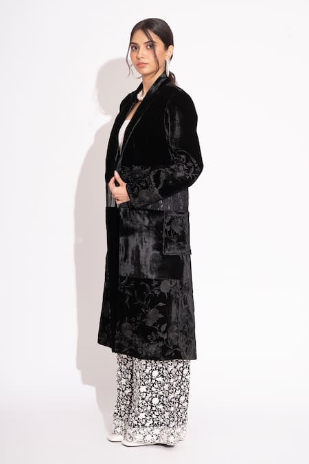 House Of Inari_Black Silk Velvet Embroidery Bahar Open Neck Overcoat _Online_at_Aza_Fashions