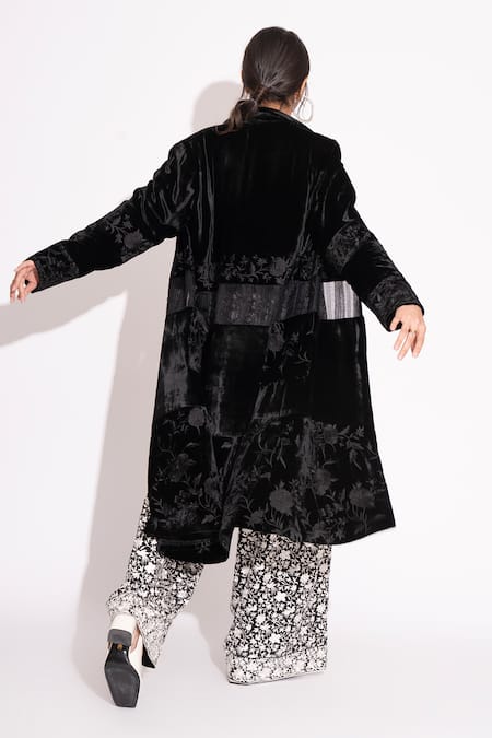 Shop_House Of Inari_Black Silk Velvet Embroidery Bahar Open Neck Overcoat _Online_at_Aza_Fashions