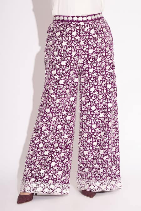 Shop House Of Inari Purple Pure Silk Crepe Embroidery Parsi Bloom Flared Pant at Aza Fashions Shop_House Of Inari_Purple Pure Silk Crepe Embroidery Parsi Bloom Flared Pant _at_Aza_Fashions
