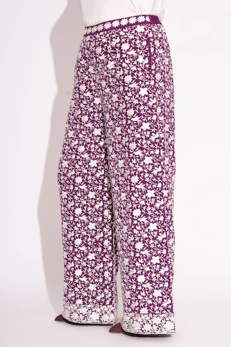 House Of Inari Purple Pure Silk Crepe Embroidery Parsi Bloom Flared Pant Online at Aza Fashions House Of Inari_Purple Pure Silk Crepe Embroidery Parsi Bloom Flared Pant _Online_at_Aza_Fashions