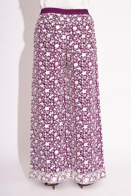 Buy House Of Inari Purple Pure Silk Crepe Embroidery Parsi Bloom Flared Pant Online at Aza Fashions Buy_House Of Inari_Purple Pure Silk Crepe Embroidery Parsi Bloom Flared Pant _Online_at_Aza_Fashions