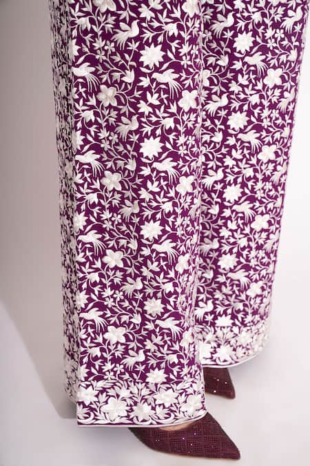 Shop House Of Inari Purple Pure Silk Crepe Embroidery Parsi Bloom Flared Pant Online at Aza Fashions Shop_House Of Inari_Purple Pure Silk Crepe Embroidery Parsi Bloom Flared Pant _Online_at_Aza_Fashions