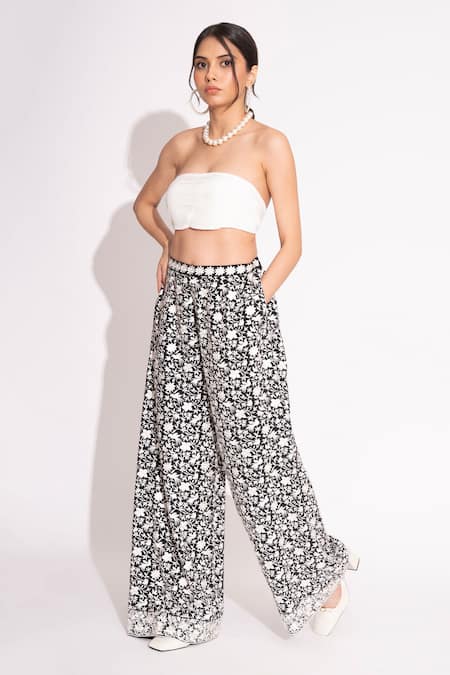 House Of Inari Black Pure Silk Crepe Embroidery Parsi Garden Flared Pant 