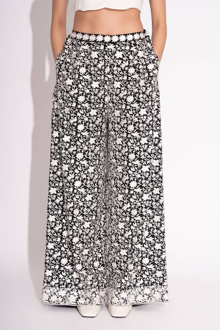 Shop House Of Inari Black Pure Silk Crepe Embroidery Parsi Garden Flared Pant at Aza Fashions Shop_House Of Inari_Black Pure Silk Crepe Embroidery Parsi Garden Flared Pant _at_Aza_Fashions