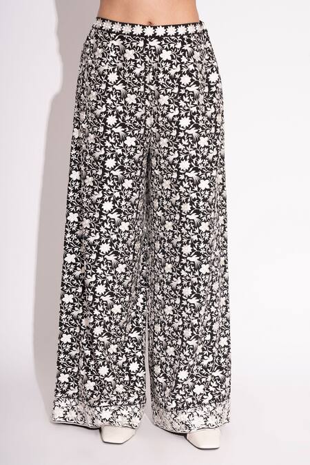 House Of Inari Black Pure Silk Crepe Embroidery Parsi Garden Flared Pant Online at Aza Fashions House Of Inari_Black Pure Silk Crepe Embroidery Parsi Garden Flared Pant _Online_at_Aza_Fashions