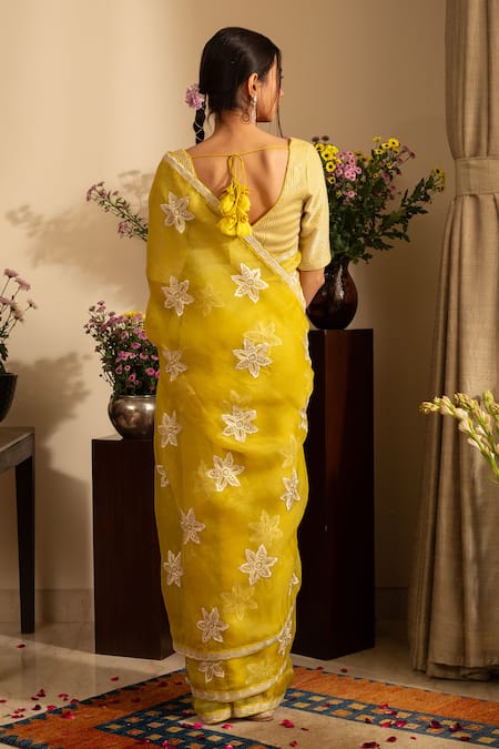 Shop House Of Inari Yellow Organza, Embroidery Nargis Phool Saree Set at Aza Fashions Shop_House Of Inari_Yellow Organza, Embroidery Nargis Phool Saree Set _at_Aza_Fashions