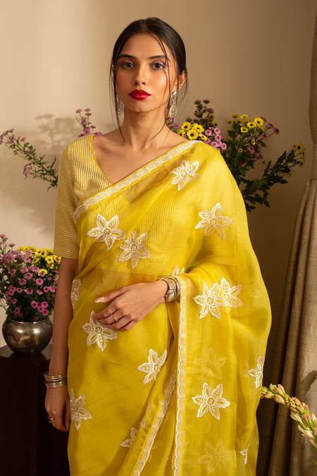Buy House Of Inari Yellow Organza, Embroidery Nargis Phool Saree Set Online at Aza Fashions Buy_House Of Inari_Yellow Organza, Embroidery Nargis Phool Saree Set _Online_at_Aza_Fashions