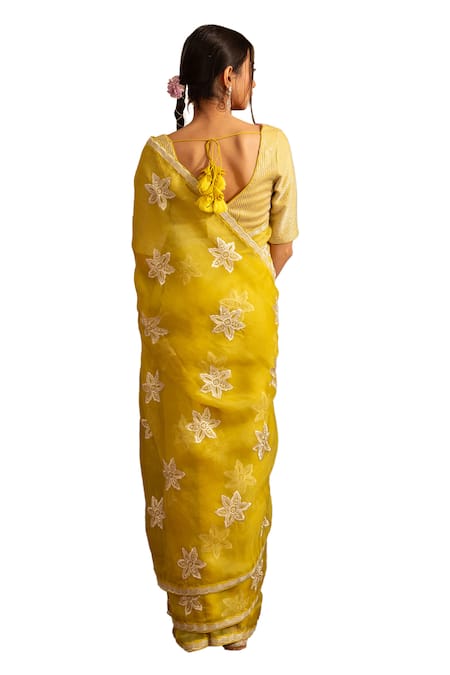 House Of Inari Yellow Organza, Embroidery Nargis Phool Saree Set at Aza Fashions House Of Inari_Yellow Organza, Embroidery Nargis Phool Saree Set _at_Aza_Fashions