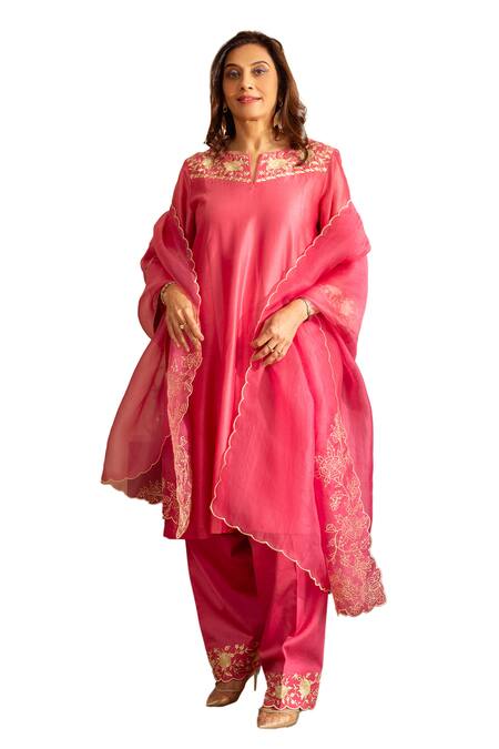 House Of Inari_Pink , Cotton, Organza Embroidery Round Kaner Floral Kurta Pant Set _Online_at_Aza_Fashions