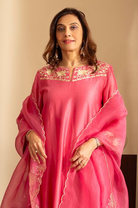 Shop_House Of Inari_Pink , Cotton, Organza Embroidery Round Kaner Floral Kurta Pant Set _Online_at_Aza_Fashions