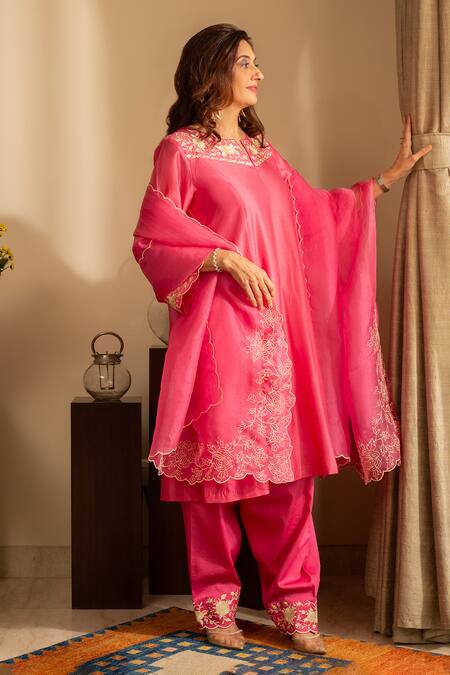 House Of Inari_Pink , Cotton, Organza Embroidery Round Kaner Floral Kurta Pant Set _at_Aza_Fashions
