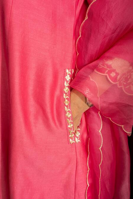 Buy_House Of Inari_Pink , Cotton, Organza Embroidery Round Kaner Floral Kurta Pant Set 