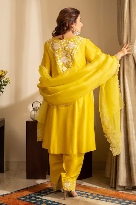 Shop House Of Inari Yellow , Cotton, Organza Embroidery Round Neck Kaner Floral Kurta Set at Aza Fashions Shop_House Of Inari_Yellow , Cotton, Organza Embroidery Round Neck Kaner Floral Kurta Set _at_Aza_Fashions