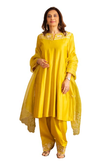 House Of Inari Yellow , Cotton, Organza Embroidery Round Neck Kaner Floral Kurta Set Online at Aza Fashions House Of Inari_Yellow , Cotton, Organza Embroidery Round Neck Kaner Floral Kurta Set _Online_at_Aza_Fashions