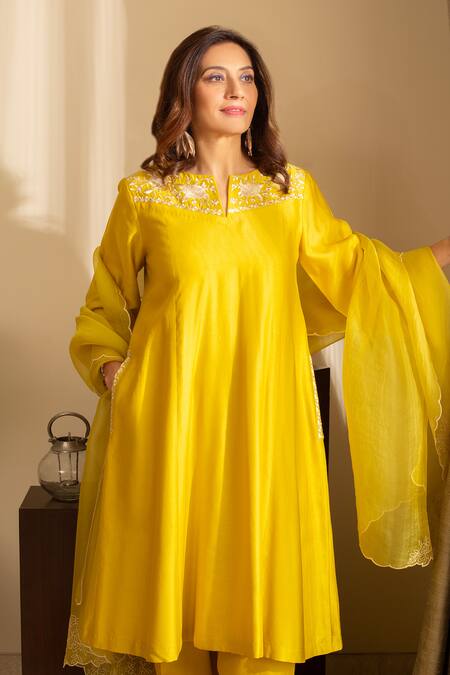 Shop House Of Inari Yellow , Cotton, Organza Embroidery Round Neck Kaner Floral Kurta Set Online at Aza Fashions Shop_House Of Inari_Yellow , Cotton, Organza Embroidery Round Neck Kaner Floral Kurta Set _Online_at_Aza_Fashions