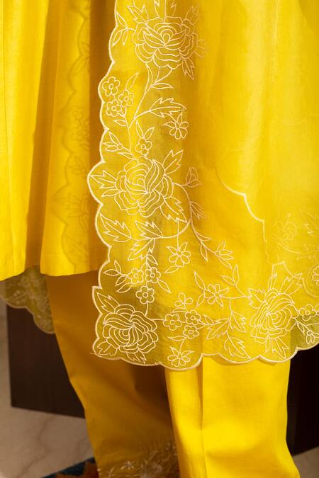 Buy House Of Inari Yellow , Cotton, Organza Embroidery Round Neck Kaner Floral Kurta Set Buy_House Of Inari_Yellow , Cotton, Organza Embroidery Round Neck Kaner Floral Kurta Set