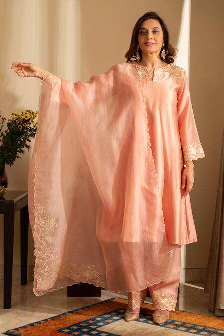 Buy House Of Inari Peach , Organza, Cotton Embroidery Round Neck Kaner Kurta Pant Set Buy_House Of Inari_Peach , Organza, Cotton Embroidery Round Neck Kaner Kurta Pant Set