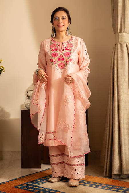 House of Inari Peach Kurta Pure Silk Chanderi Embroidered Cut Work Notched Gulchini Pant Set 