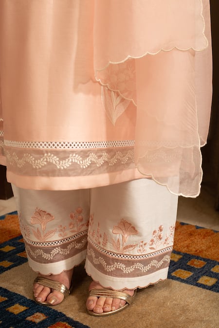 Shop_House Of Inari_Peach , Chanderi, Cotton, Organza Embroidery Chandni Kurta Pant Set _Online_at_Aza_Fashions