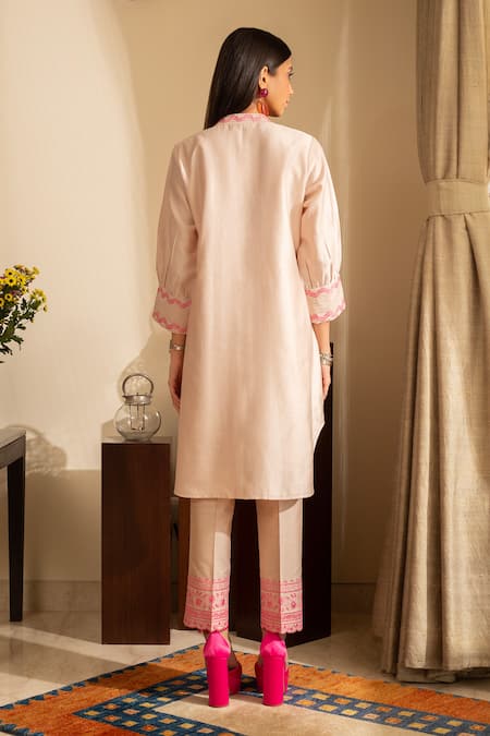 Shop House Of Inari Pink Chanderi, Kota Doria, Silk Gul-meh Floral Straight Kurta With Pant at Aza Fashions Shop_House Of Inari_Pink Chanderi, Kota Doria, Silk Gul-meh Floral Straight Kurta With Pant _at_Aza_Fashions