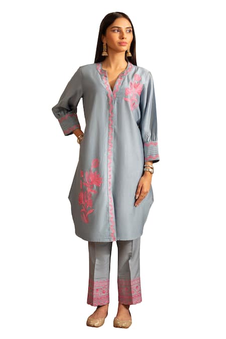 House Of Inari_Blue Chanderi , Embroidery Collared Gul-meh Straight Kurta With Pant _Online_at_Aza_Fashions