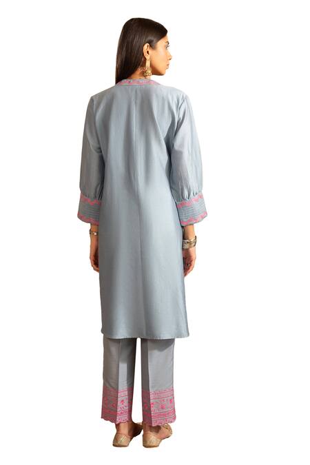 Buy_House Of Inari_Blue Chanderi , Embroidery Collared Gul-meh Straight Kurta With Pant 