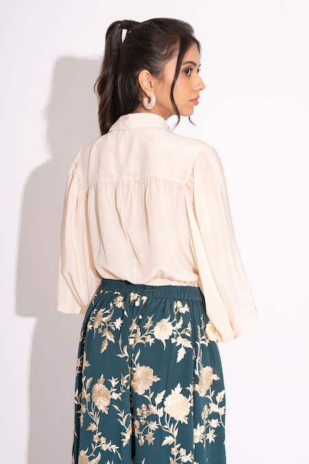 Shop House Of Inari Off White Pure Silk Crepe Embellished 3d Flower Collared Shirt at Aza Fashions Shop_House Of Inari_Off White Pure Silk Crepe Embellished 3d Flower Collared Shirt _at_Aza_Fashions