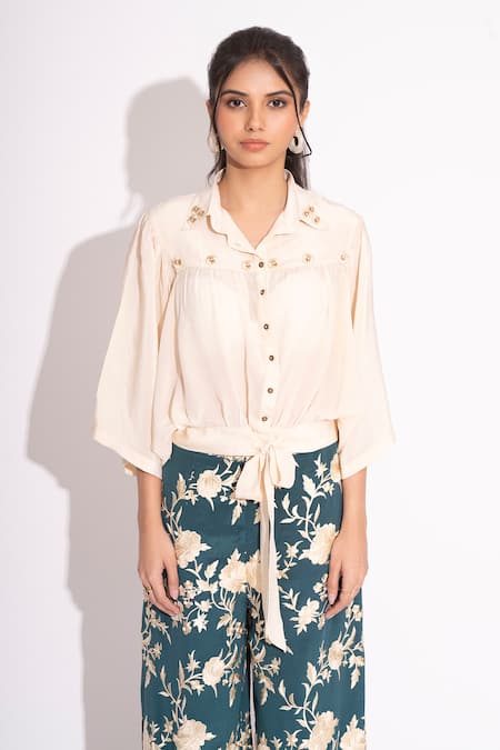 House Of Inari Off White Pure Silk Crepe Embellished 3d Flower Collared Shirt Online at Aza Fashions House Of Inari_Off White Pure Silk Crepe Embellished 3d Flower Collared Shirt _Online_at_Aza_Fashions