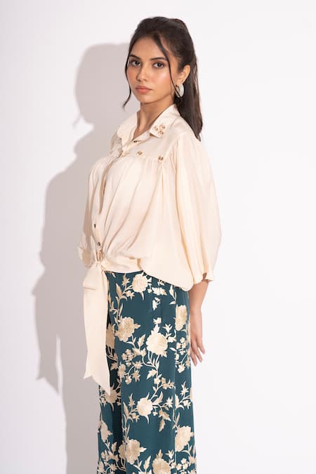 Buy House Of Inari Off White Pure Silk Crepe Embellished 3d Flower Collared Shirt Online at Aza Fashions Buy_House Of Inari_Off White Pure Silk Crepe Embellished 3d Flower Collared Shirt _Online_at_Aza_Fashions
