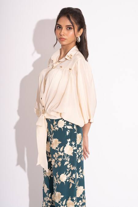 Shop House Of Inari Off White Pure Silk Crepe Embellished 3d Flower Collared Shirt Online at Aza Fashions Shop_House Of Inari_Off White Pure Silk Crepe Embellished 3d Flower Collared Shirt _Online_at_Aza_Fashions