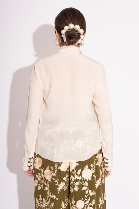 Shop House Of Inari Off White Pure Silk Crepe Solid Tie-up Neck Top at Aza Fashions Shop_House Of Inari_Off White Pure Silk Crepe Solid Tie-up Neck Top _at_Aza_Fashions