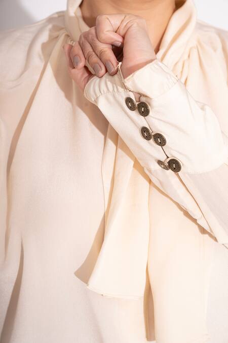 House Of Inari Off White Pure Silk Crepe Solid Tie-up Neck Top at Aza Fashions House Of Inari_Off White Pure Silk Crepe Solid Tie-up Neck Top _at_Aza_Fashions