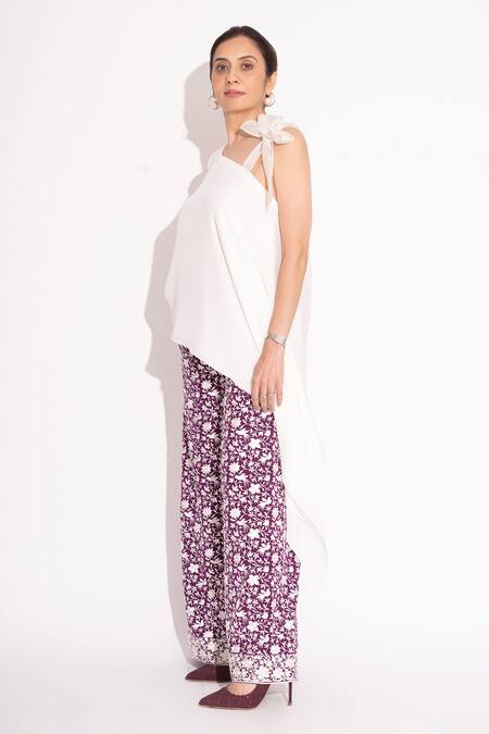 House Of Inari_White Silk, Crepe Asymmetric Solid Top_Online_at_Aza_Fashions