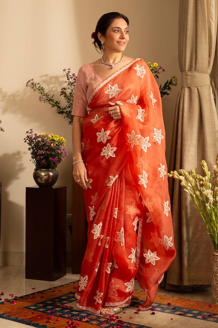 House of Inari Orange Pure Silk Organza Embroidered Nargis Saree With Unstitched Blouse Piece 