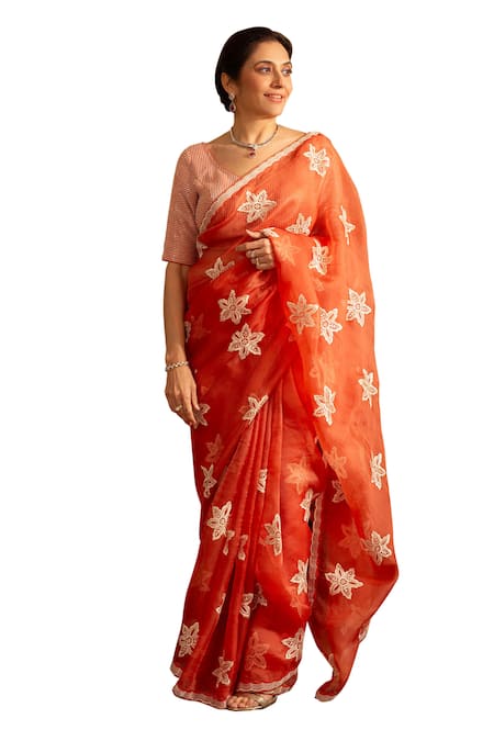 House Of Inari_Orange Silk Organza Embroidery Nargis Saree With Unstitched Blouse Piece _Online_at_Aza_Fashions