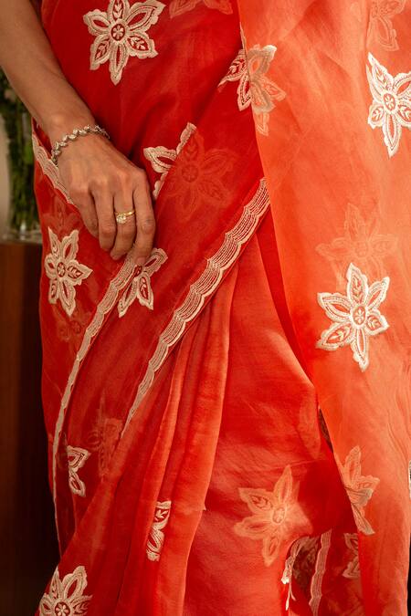 Shop_House Of Inari_Orange Silk Organza Embroidery Nargis Saree With Unstitched Blouse Piece _Online_at_Aza_Fashions