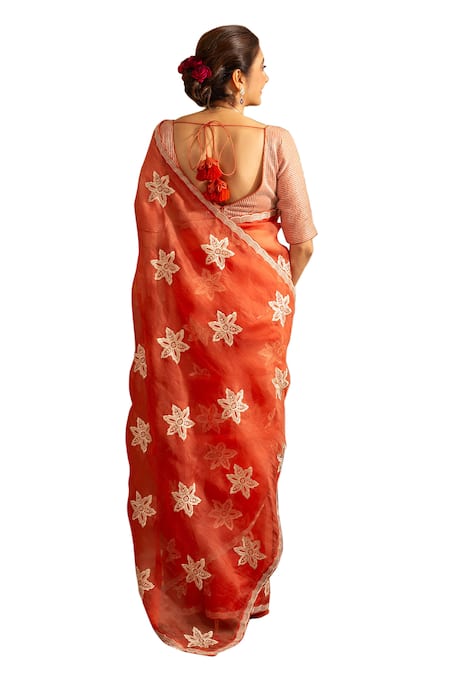 Buy_House Of Inari_Orange Silk Organza Embroidery Nargis Saree With Unstitched Blouse Piece 