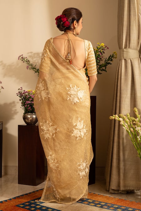 Shop House Of Inari Gold Silk Embroidery Gulab Saree With Unstitched Blouse Piece at Aza Fashions Shop_House Of Inari_Gold Silk Embroidery Gulab Saree With Unstitched Blouse Piece _at_Aza_Fashions