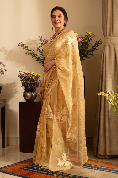 Buy House Of Inari Gold Silk Embroidery Gulab Saree With Unstitched Blouse Piece Online at Aza Fashions Buy_House Of Inari_Gold Silk Embroidery Gulab Saree With Unstitched Blouse Piece _Online_at_Aza_Fashions