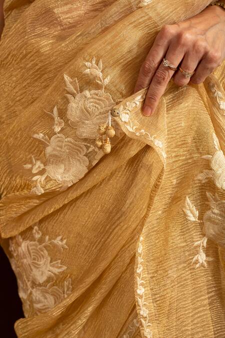 House Of Inari Gold Silk Embroidery Gulab Saree With Unstitched Blouse Piece at Aza Fashions House Of Inari_Gold Silk Embroidery Gulab Saree With Unstitched Blouse Piece _at_Aza_Fashions