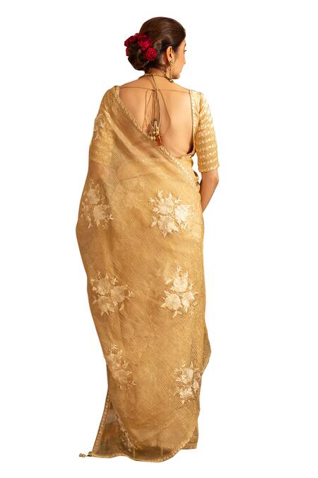 Shop House Of Inari Gold Silk Embroidery Gulab Saree With Unstitched Blouse Piece Shop_House Of Inari_Gold Silk Embroidery Gulab Saree With Unstitched Blouse Piece