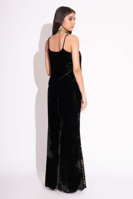 Shop House Of Inari Black Silk Velvet Embroidered Metallic Circles Round Neck Top And Flared Pant Set at Aza Fashions Shop_House Of Inari_Black Silk Velvet Embroidered Metallic Circles Round Neck Top And Flared Pant Set _at_Aza_Fashions