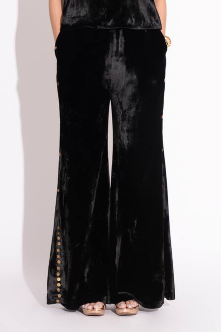 House Of Inari Black Silk Velvet Embroidered Metallic Circles Round Neck Top And Flared Pant Set Online at Aza Fashions House Of Inari_Black Silk Velvet Embroidered Metallic Circles Round Neck Top And Flared Pant Set _Online_at_Aza_Fashions