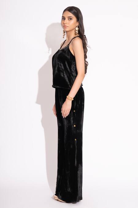 Buy House Of Inari Black Silk Velvet Embroidered Metallic Circles Round Neck Top And Flared Pant Set Online at Aza Fashions Buy_House Of Inari_Black Silk Velvet Embroidered Metallic Circles Round Neck Top And Flared Pant Set _Online_at_Aza_Fashions
