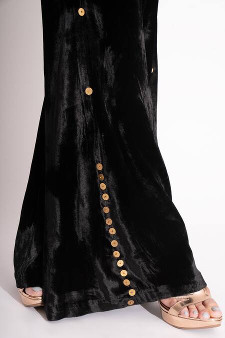 Buy House Of Inari Black Silk Velvet Embroidered Metallic Circles Round Neck Top And Flared Pant Set Buy_House Of Inari_Black Silk Velvet Embroidered Metallic Circles Round Neck Top And Flared Pant Set