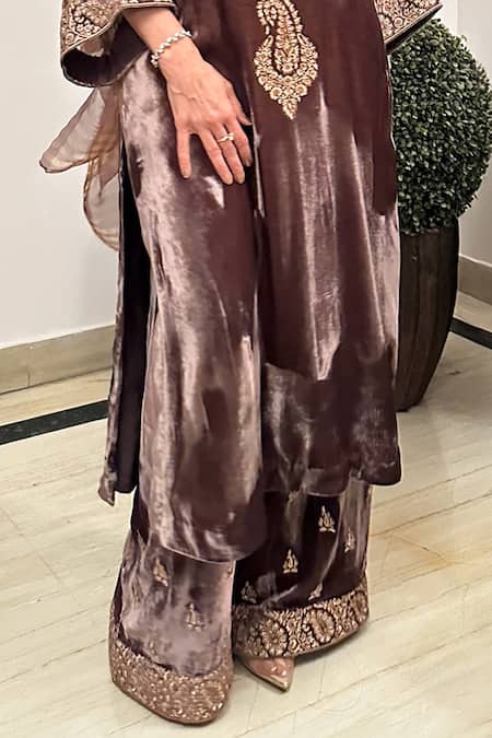 House Of Inari_Brown , Organza Embroidery Square Neck Kashmiri Kurta Pant Set_Online_at_Aza_Fashions